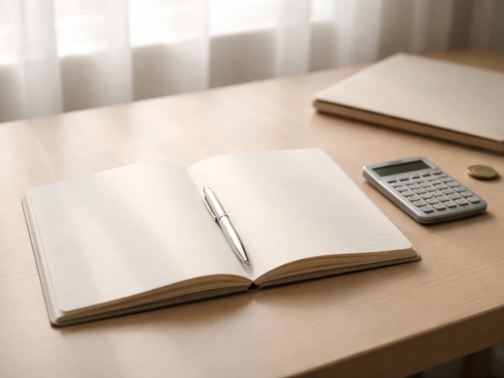Minimal desk scene with calculator, blank notebook, and coins suggesting careful net-worth estimating.