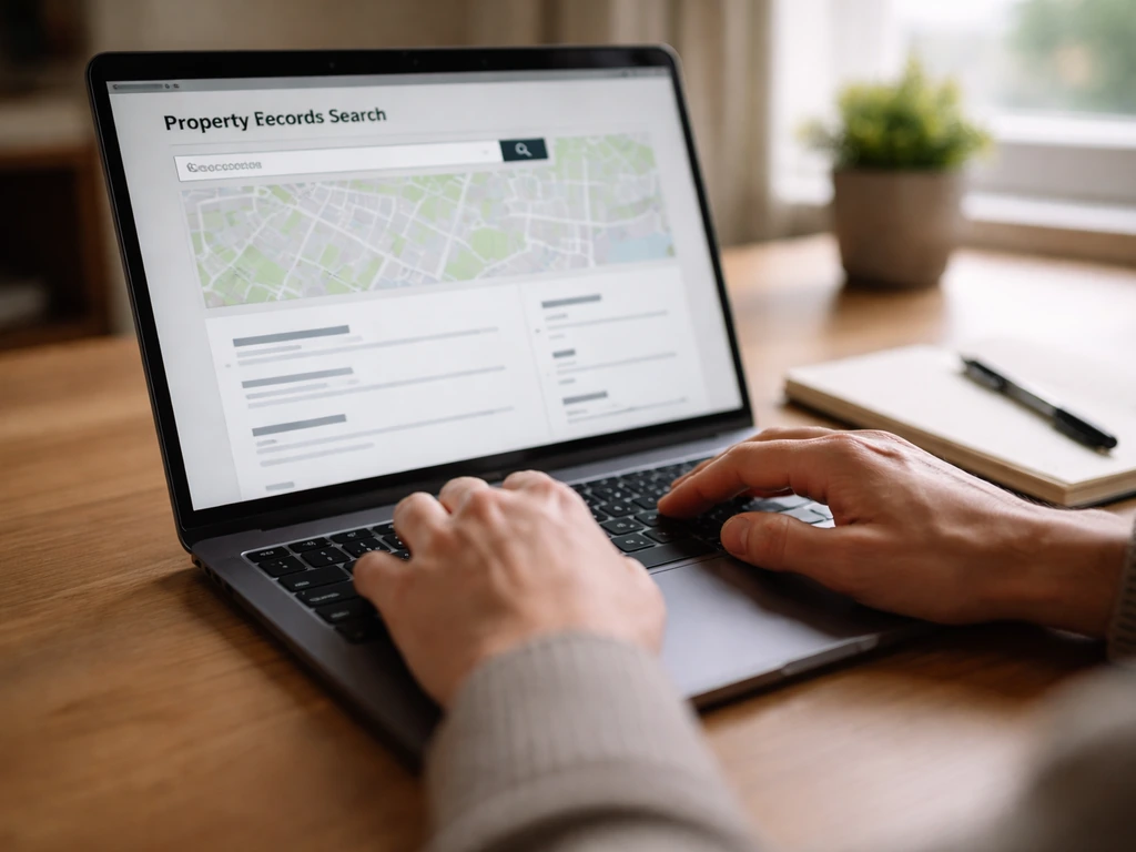 Close-up of a laptop showing a property-records search in a browser, with papers and a pen nearby