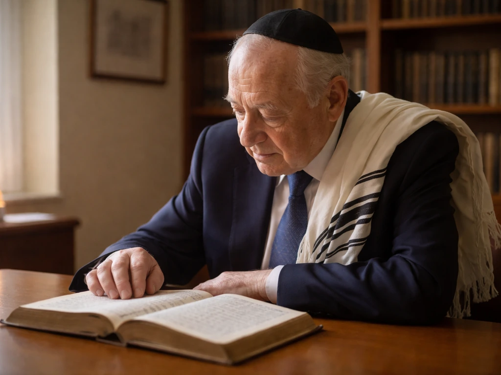 Documentary photo of Rabbi Arthur Schneier in a quiet study with religious books and a blurred candle-lit background