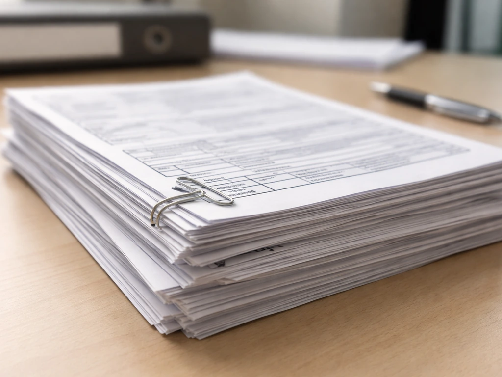 Close-up of nonprofit annual filing documents on a desk with paperclip and pen, no readable text.