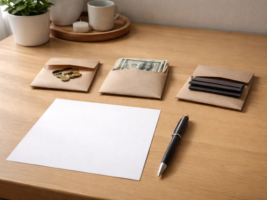 Minimal desk scene with papers showing assets and debts categories, illustrating net-worth math.