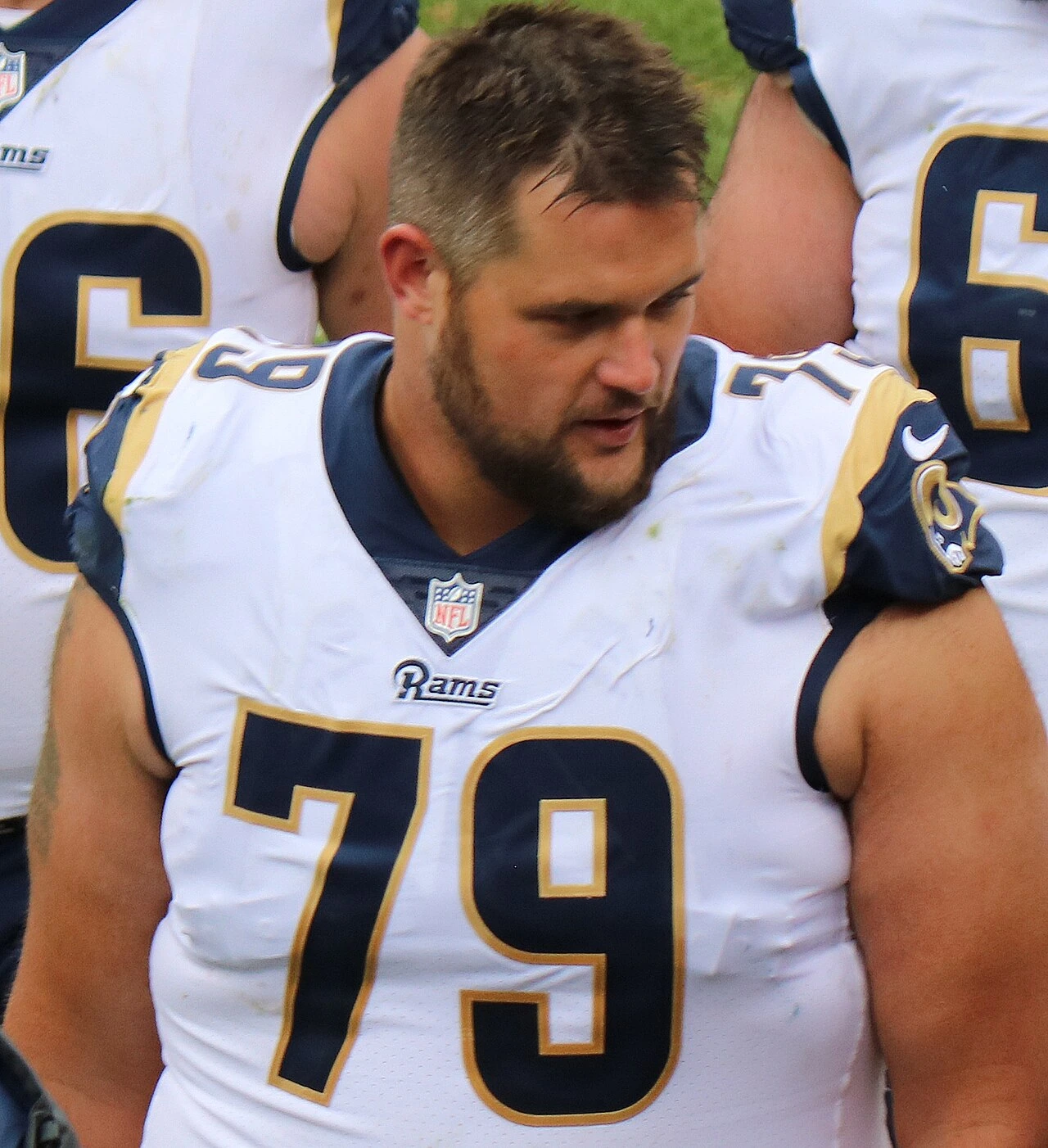 Rob Havenstein in a Los Angeles Rams uniform during a game, shown from the chest up.