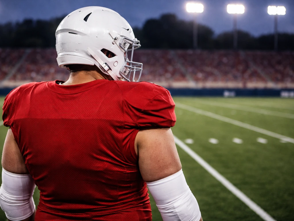 Anonymous NFL offensive lineman in team uniform on a stadium field, face turned away, no visible text.
