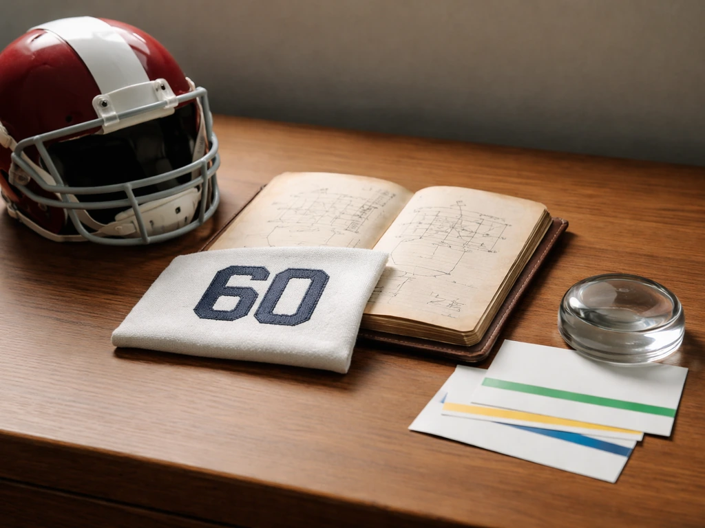 NFL-style contract timeline concept on a desk with helmet, playbook, and blank cards under glass.