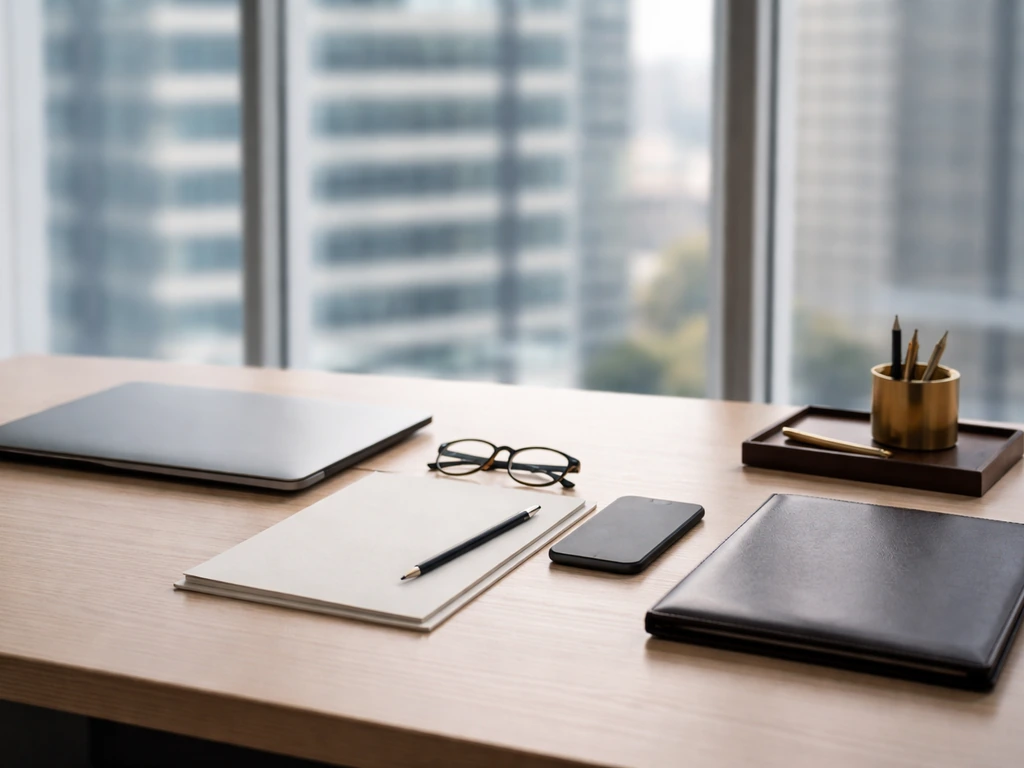 Minimal office desk scene with anonymous tech tools and subtle wealth symbolism, no people shown.