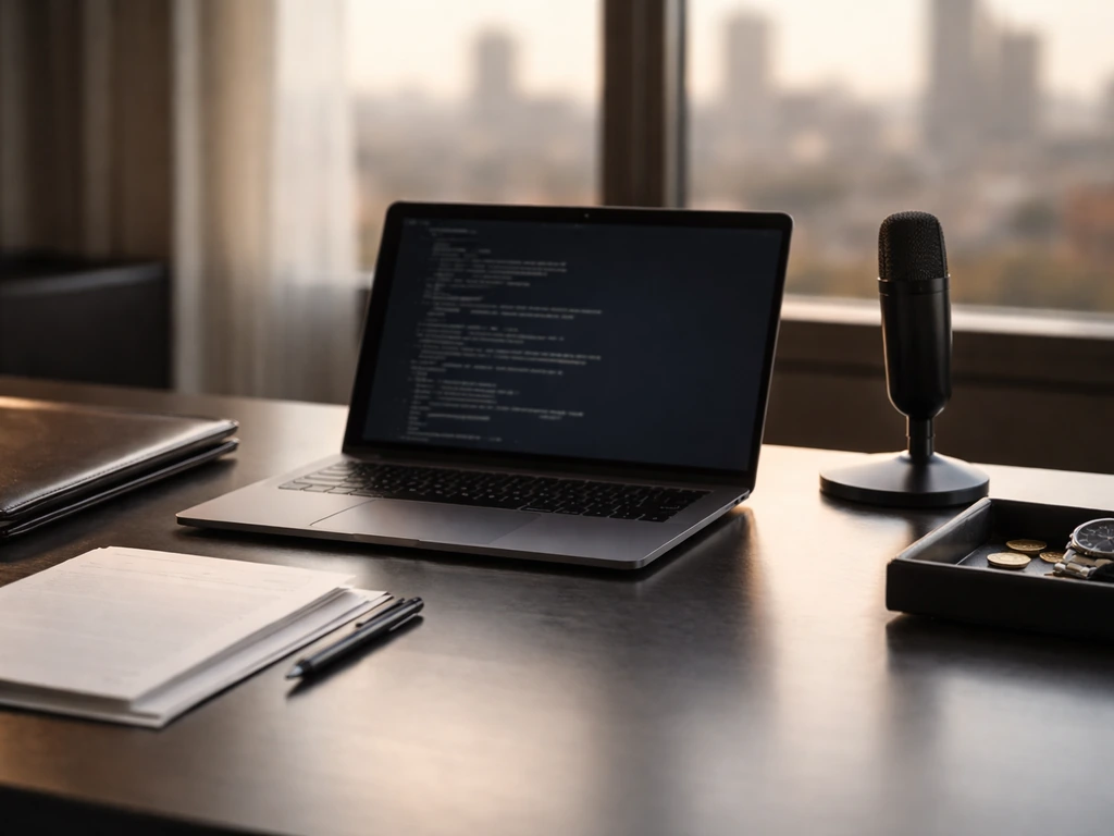 Minimal office desk with laptop, microphone, watch, and business items symbolizing executive pay and bonuses