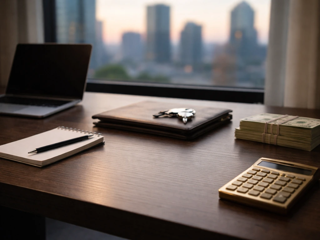 Minimal office desk with laptop and money envelopes, suggesting changing wealth over career stages.