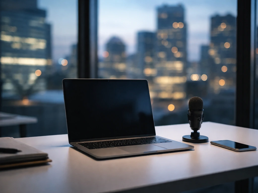 Modern office desk with laptop and microphone beside a glowing city skyline at dusk.