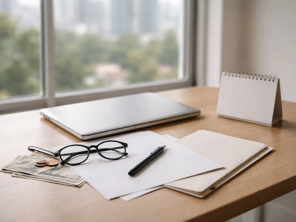 Minimal office desk scene with a laptop, scattered documents, and a coffee cup symbolizing net worth estimation.