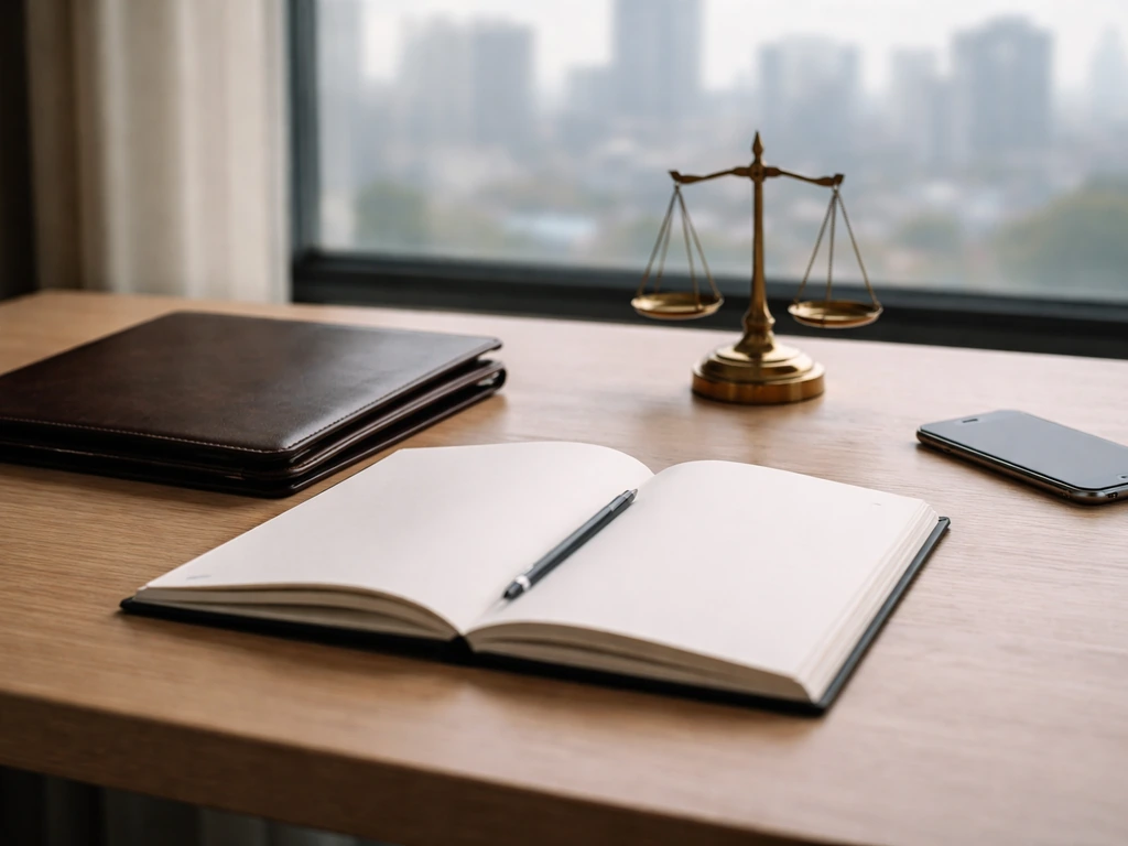 Minimal desk scene with a balance-scale paperweight and portfolio symbolizing shifting liabilities and ownership.