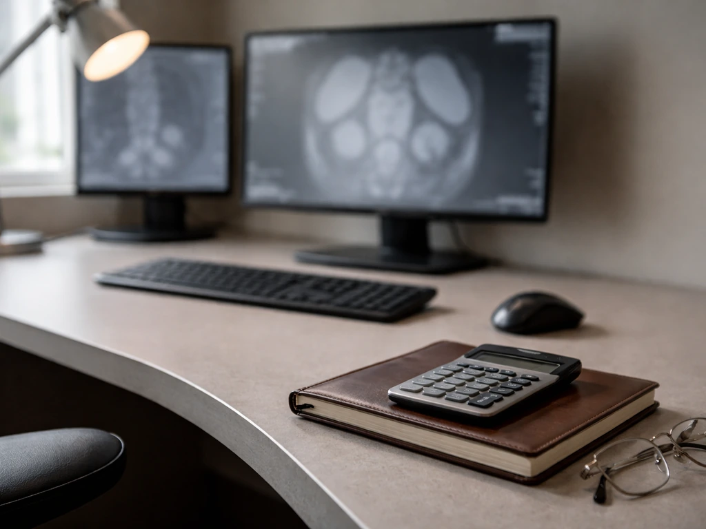 Radiology workstation with X-ray images on monitors and a calculator/ledger on the desk, symbolizing radiologist net wor