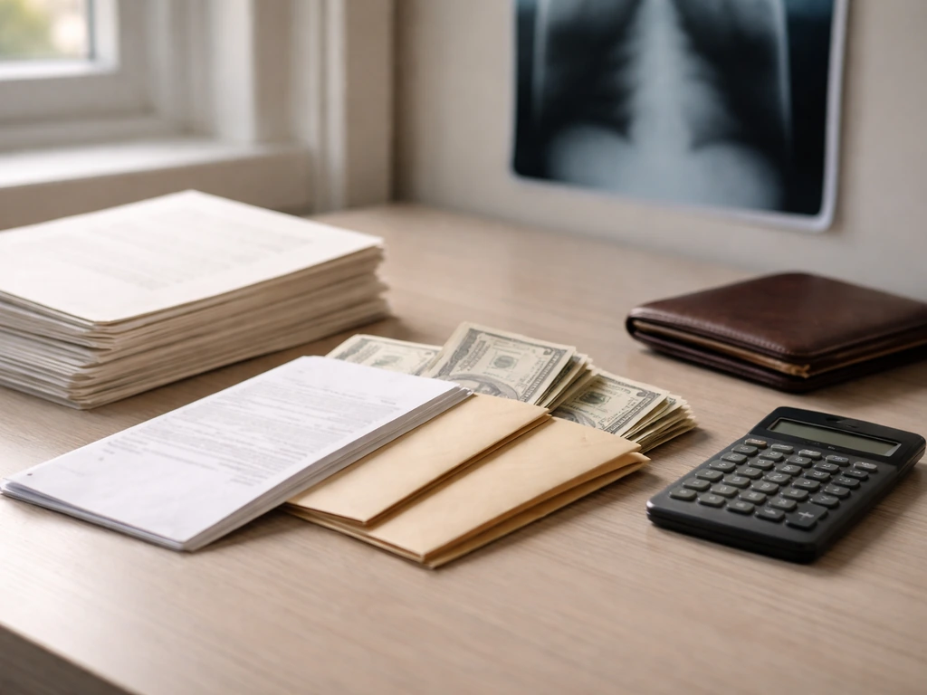 Minimal photo of a radiology-themed office desk with cash envelopes, a calculator, and scattered paperwork