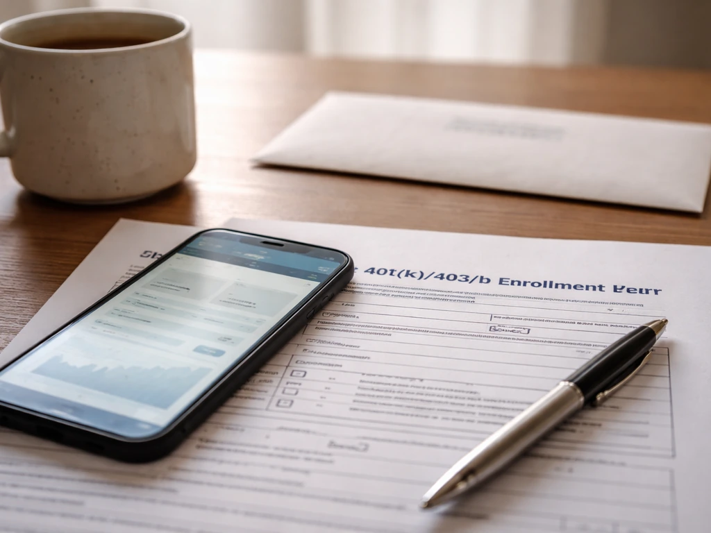 Desk close-up with retirement account paperwork and a phone showing a generic account summary screen.