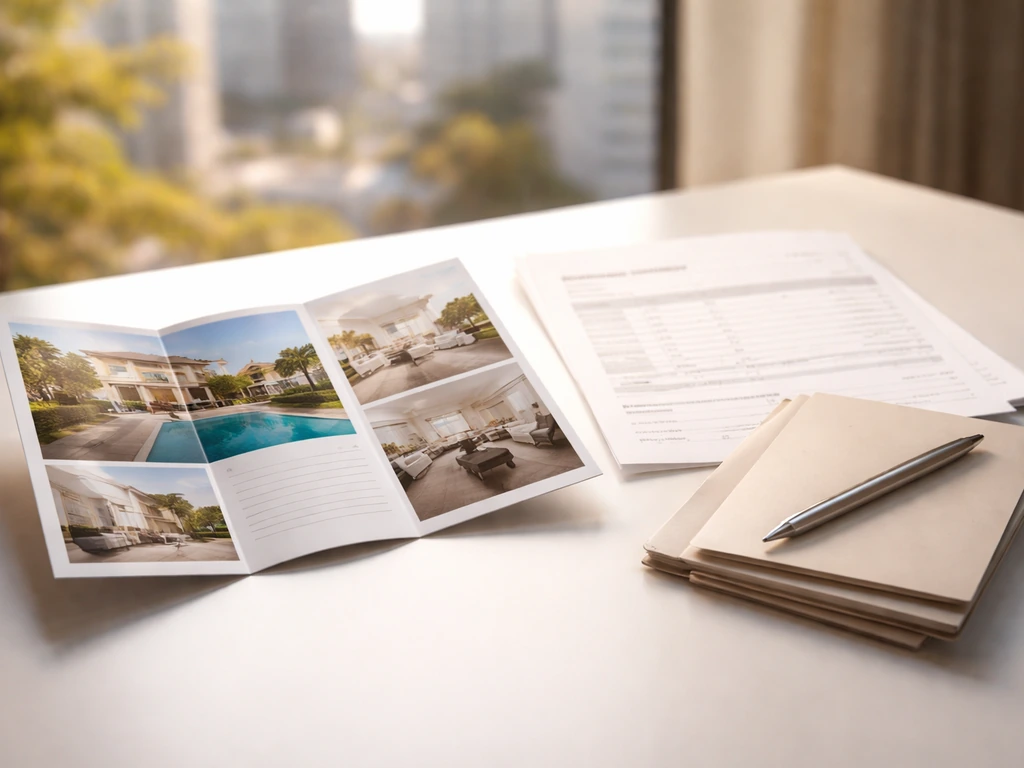 Minimal desk scene with a rental listing brochure and a mortgage document beside a blurred city skyline