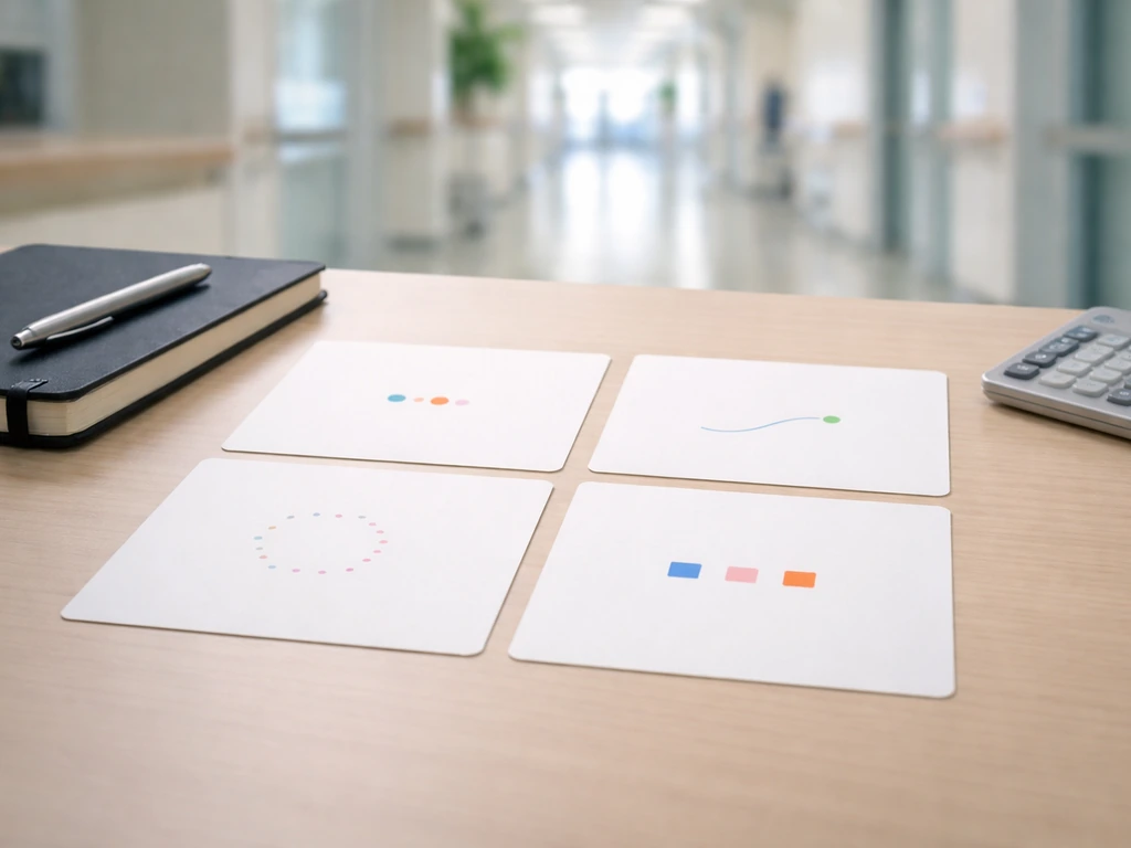 Desk with four blank cards in a 2x2 grid symbolizing career-path panels, no text.