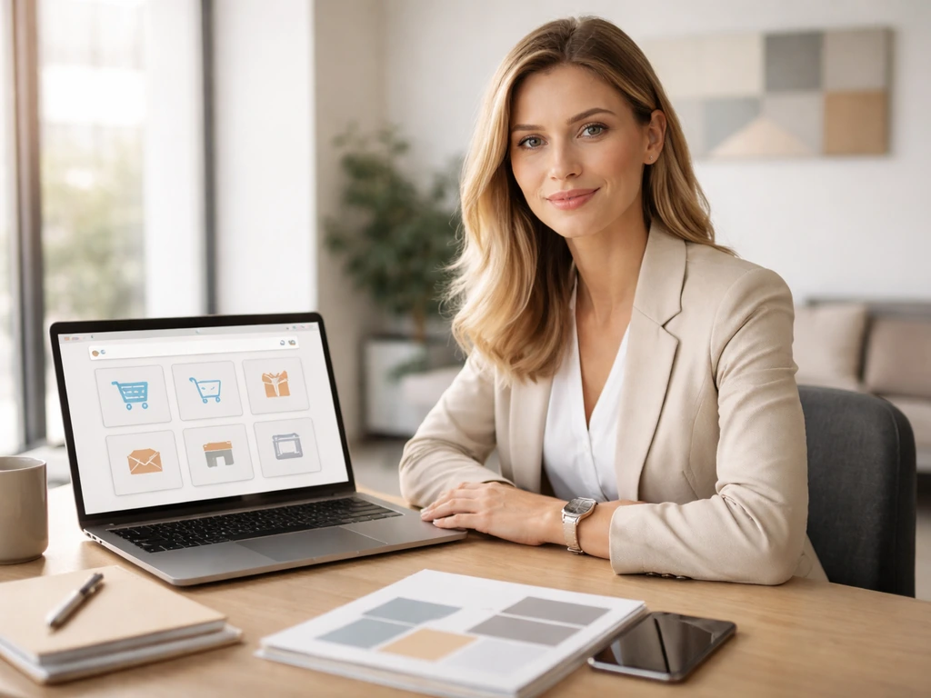 Anonymous businesswoman in a modern office with Market America–themed materials and a laptop showing e-commerce icons