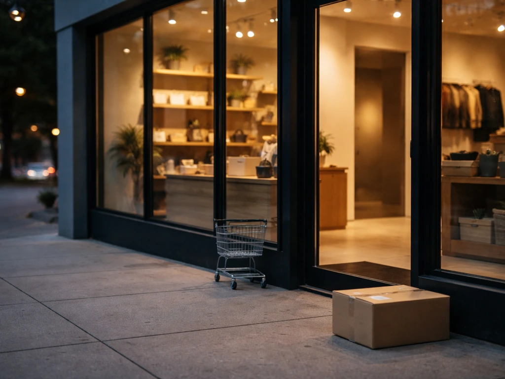 Modern storefront entrance with warm lighting symbolizing Market America and an online commerce platform