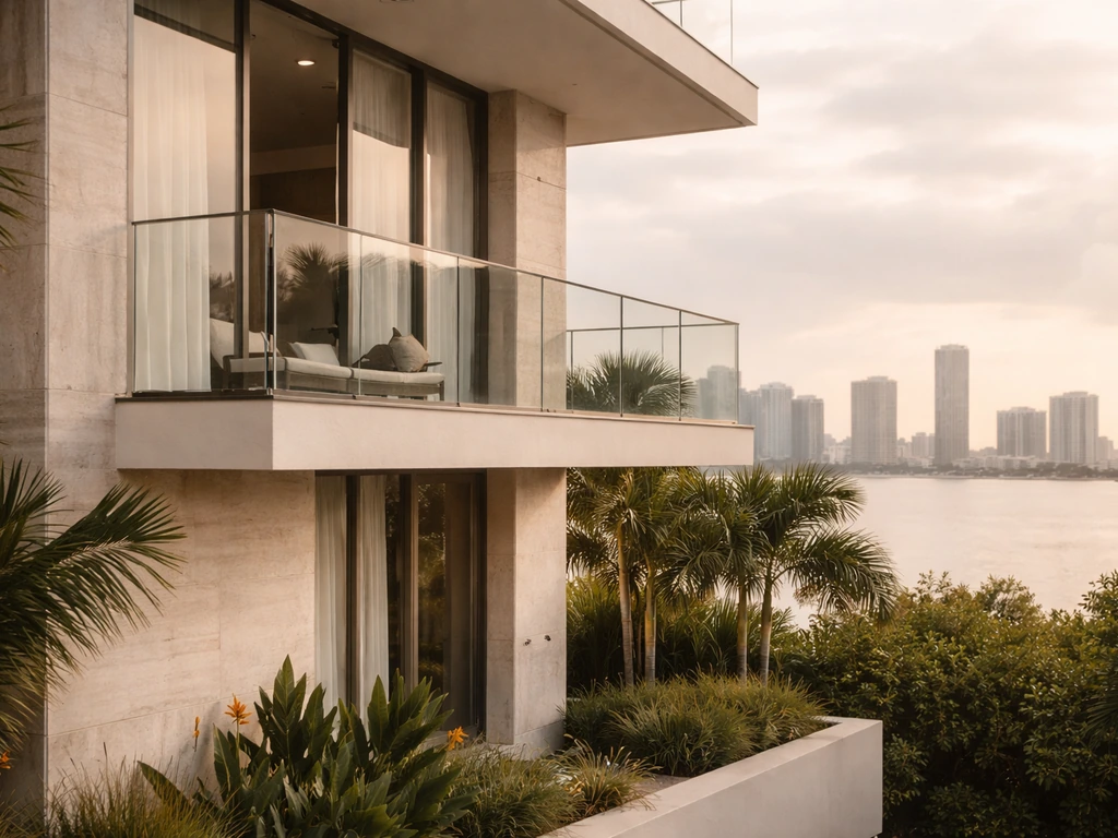 Luxury modern residential building facade with balconies and tropical landscaping in Miami.