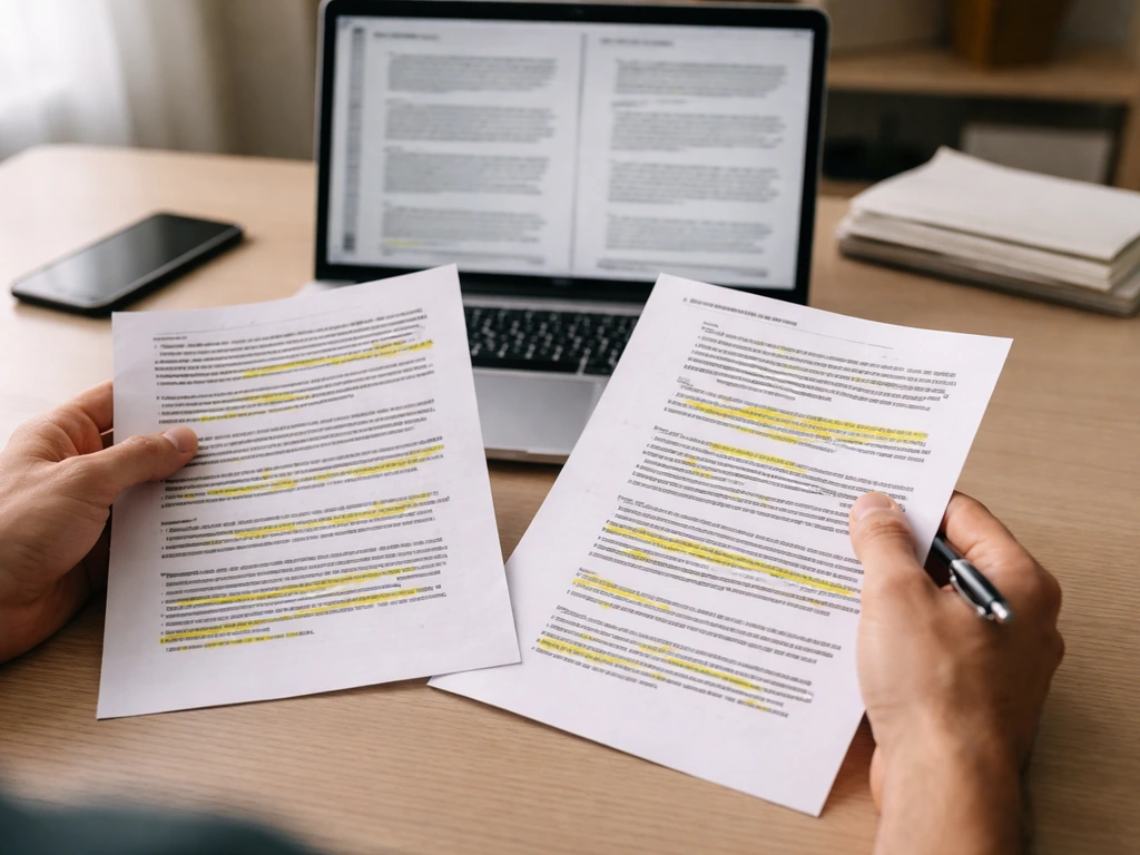 Hands comparing two documents and blurred public records on a minimal desk.