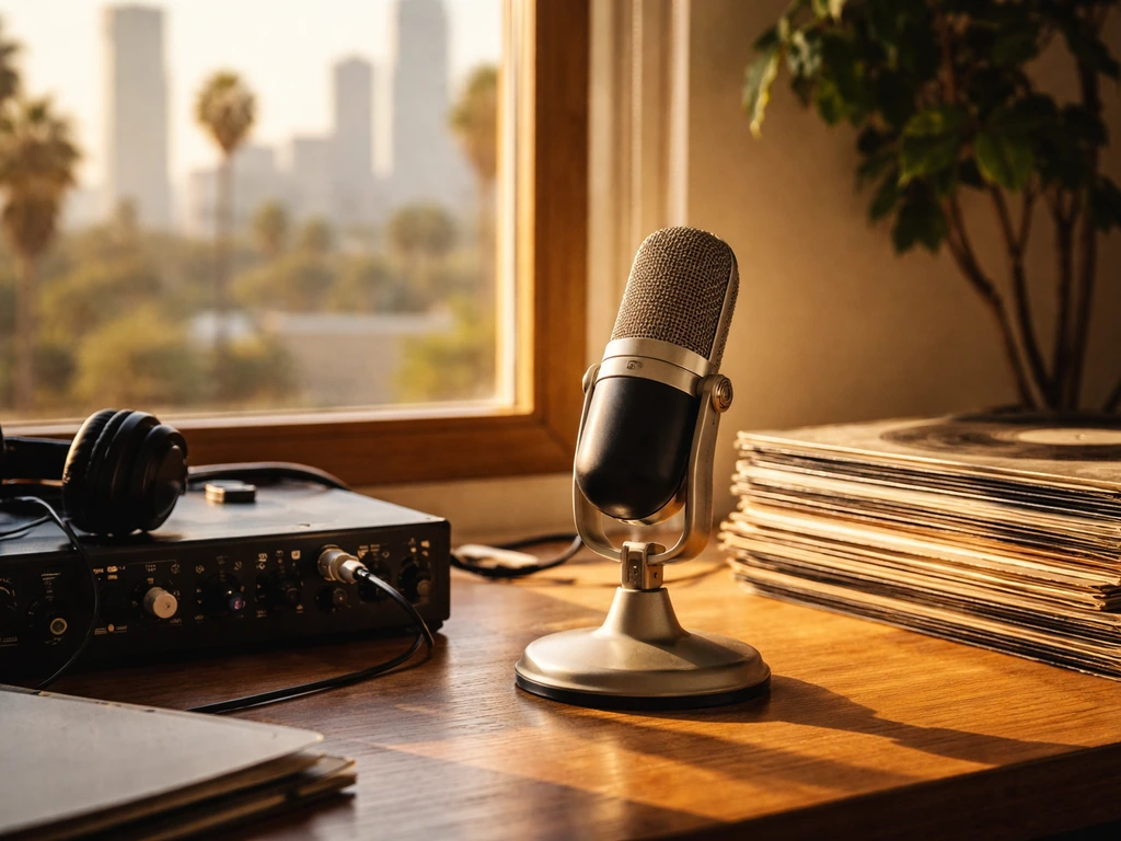 Studio desk with a podcast microphone and audio gear in warm Los Angeles light.