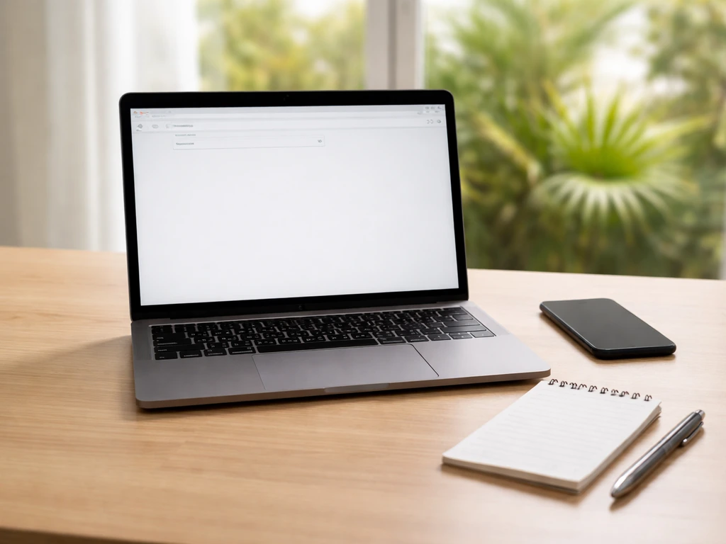 Minimal desk with laptop and phone for self-checking business filings, natural light, no readable text.