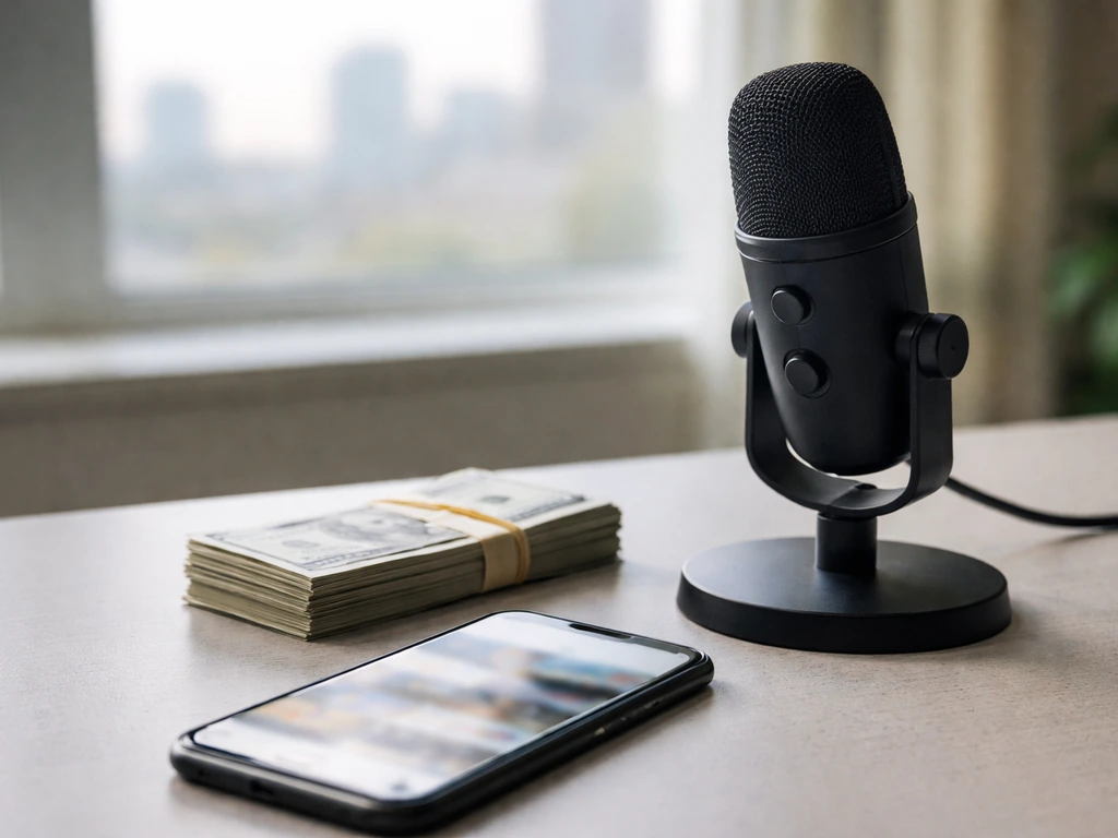 Anonymous desk with studio microphone, smartphone, and wrapped cash symbolizing income streams for net-worth estimates.