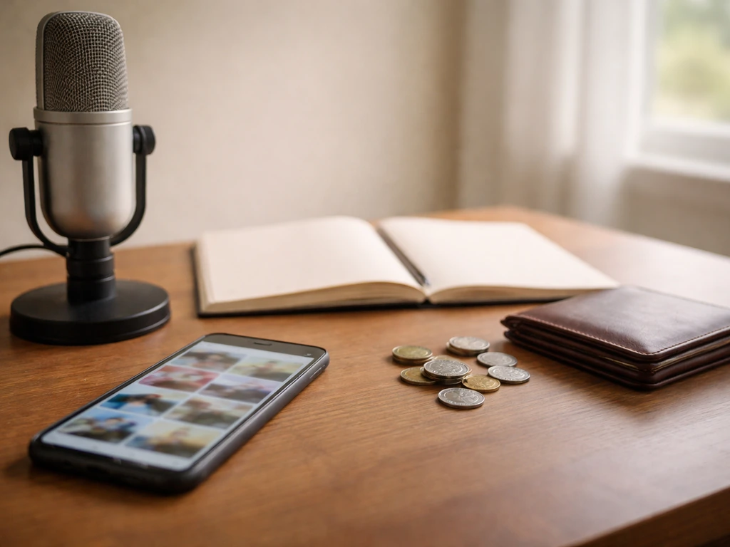 Podcast microphone and smartphone beside coins and wallet, symbolizing media-driven income.