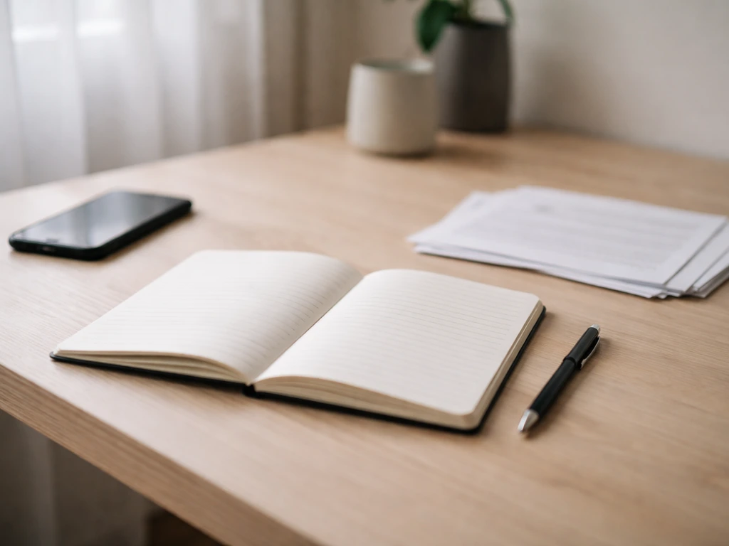 Minimal desk scene with a notebook and smartphone showing handwritten verification steps, symbolizing how to verify info