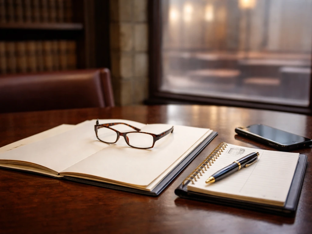 Open legal folder and pen in a quiet office with blurred law books and synagogue-like light