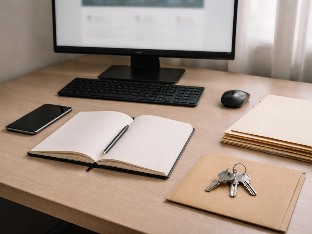 Minimal desk scene with blank paperwork and blurred screen, symbolizing financial record research