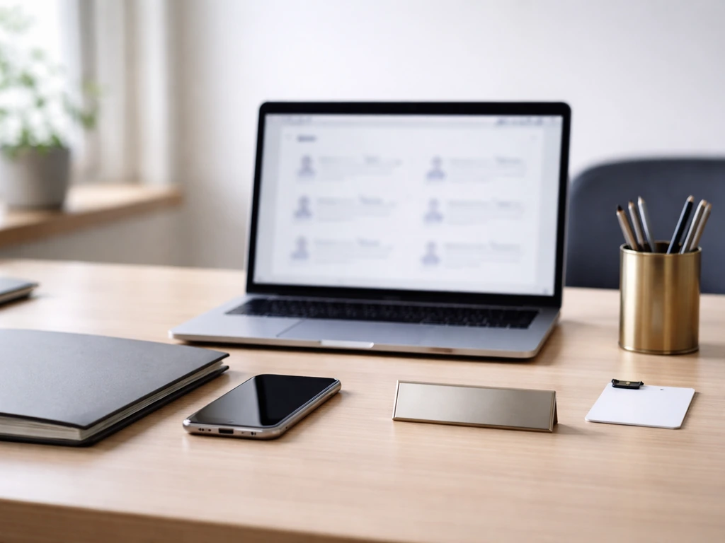 Minimal photo of a tidy office desk with business documents and a laptop showing a blurred team/role-style page