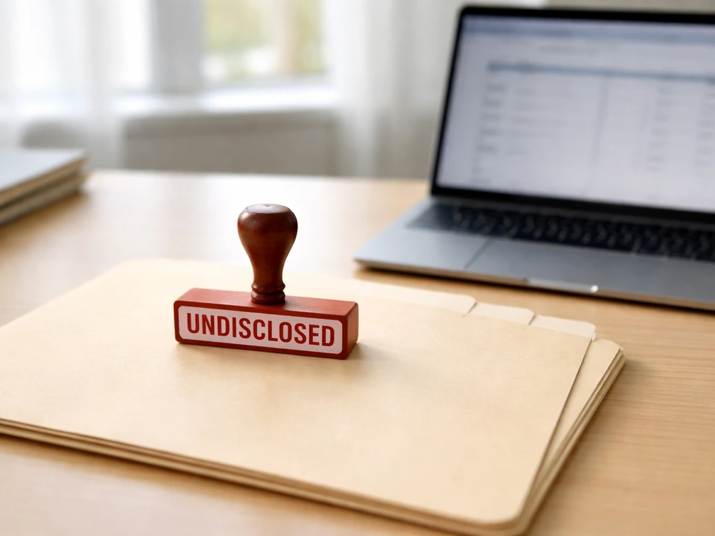 Office desk with an undisclosed-price stamp on a folder, blurred finance screen, daylight.