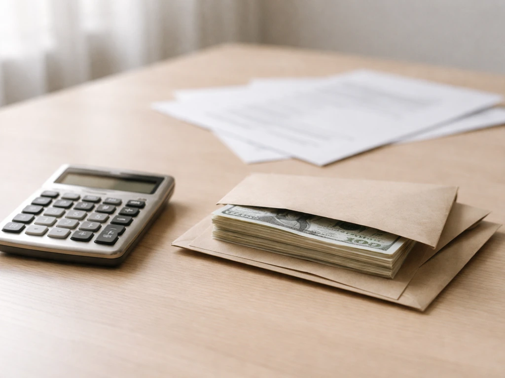Minimal photo of a desk with calculator, cash envelopes, and blurred finance documents suggesting a net worth range