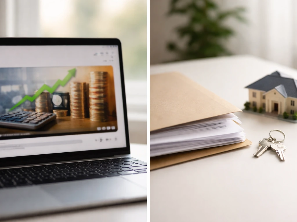 Minimal desk scene split between a generic finance video thumbnail and real-estate paperwork with a house key.