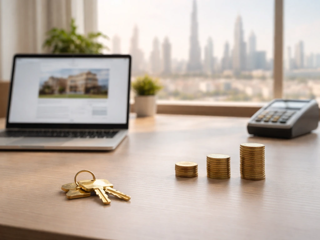 Dubai real estate brokerage scene with a laptop, keys, and a clear sense of commission payout flow