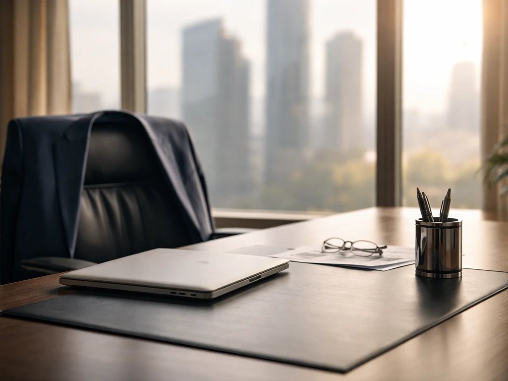 Minimal executive office desk with suit jacket and laptop, with blurred skyline in the background, no people.