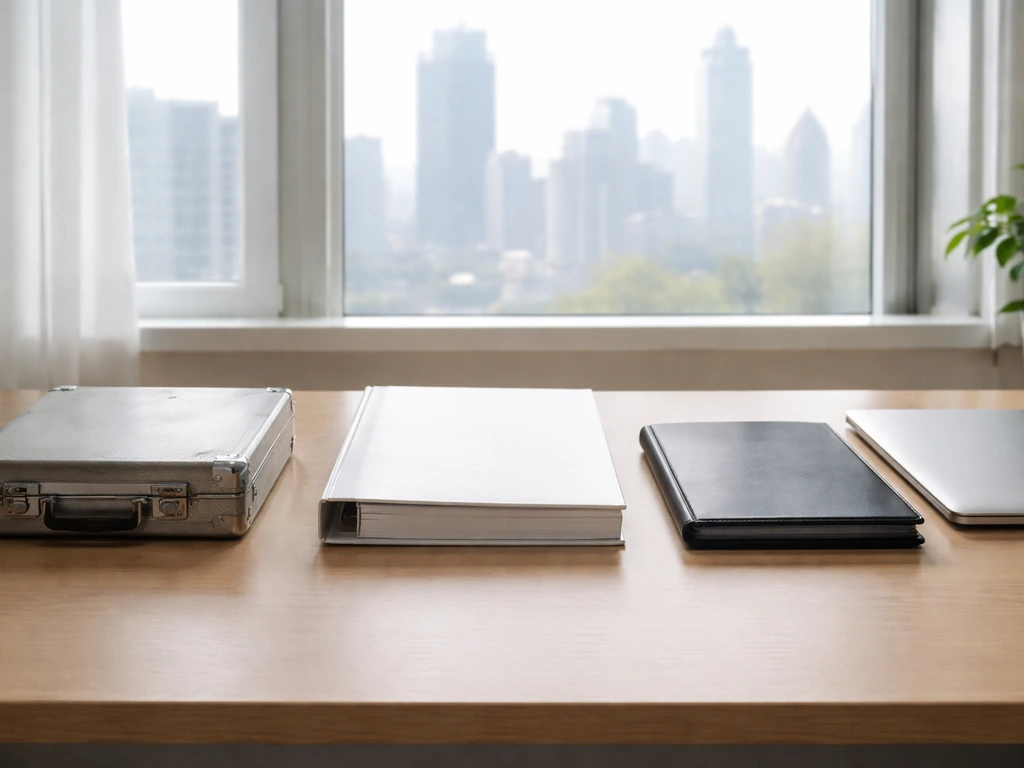 Minimal office desk with layered folders and briefcase symbolizing a career progression in finance.