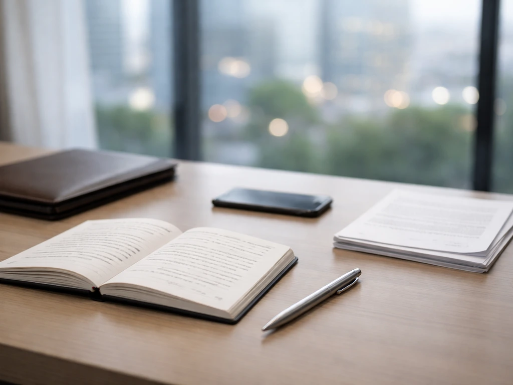 Minimal corporate desk with notebook, documents, and pen, evoking methodical financial estimate reasoning.