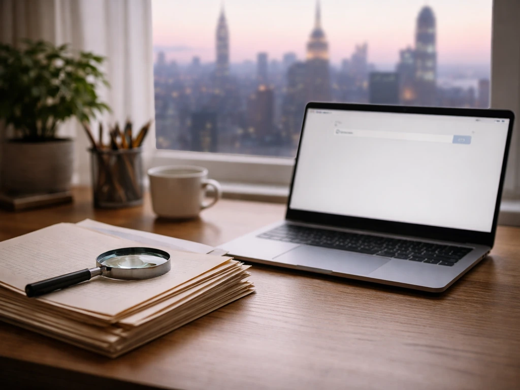 Minimal office desk with laptop search glow, folders, magnifying glass, and a blurred Manhattan skyline backdrop.