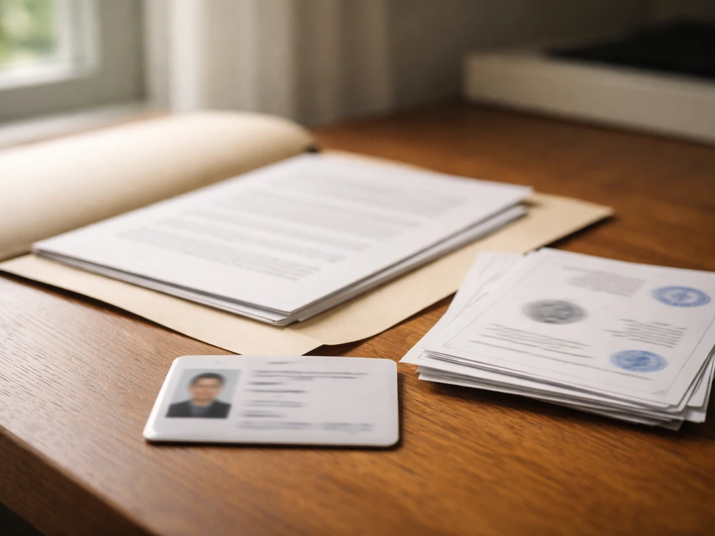 Open folder of blurred documents and a blurred namecard on a desk by a window, documentary evidence vibe.