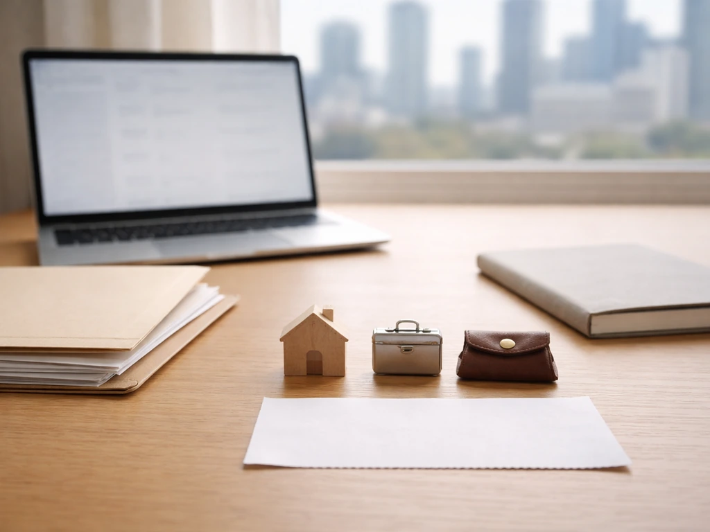 Minimal desk scene with portfolio folder, cash, and a single open laptop showing blurred finance figures, no readable te