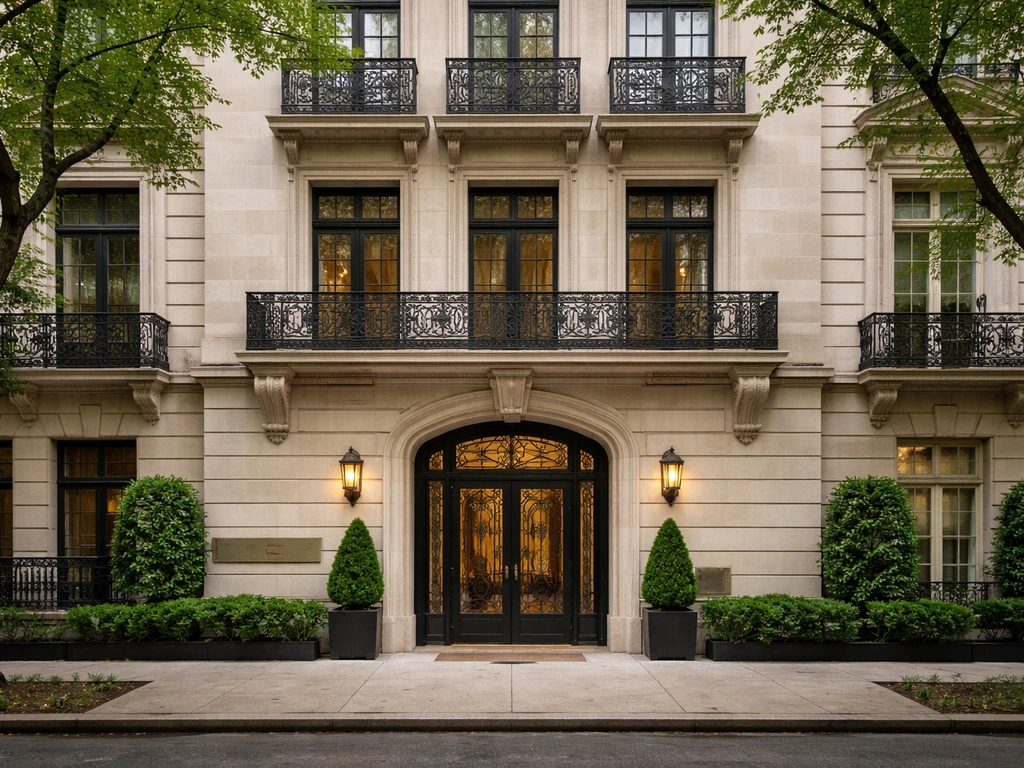 Luxury high-end Manhattan residential building exterior on a tree-lined street, no people, no readable text.