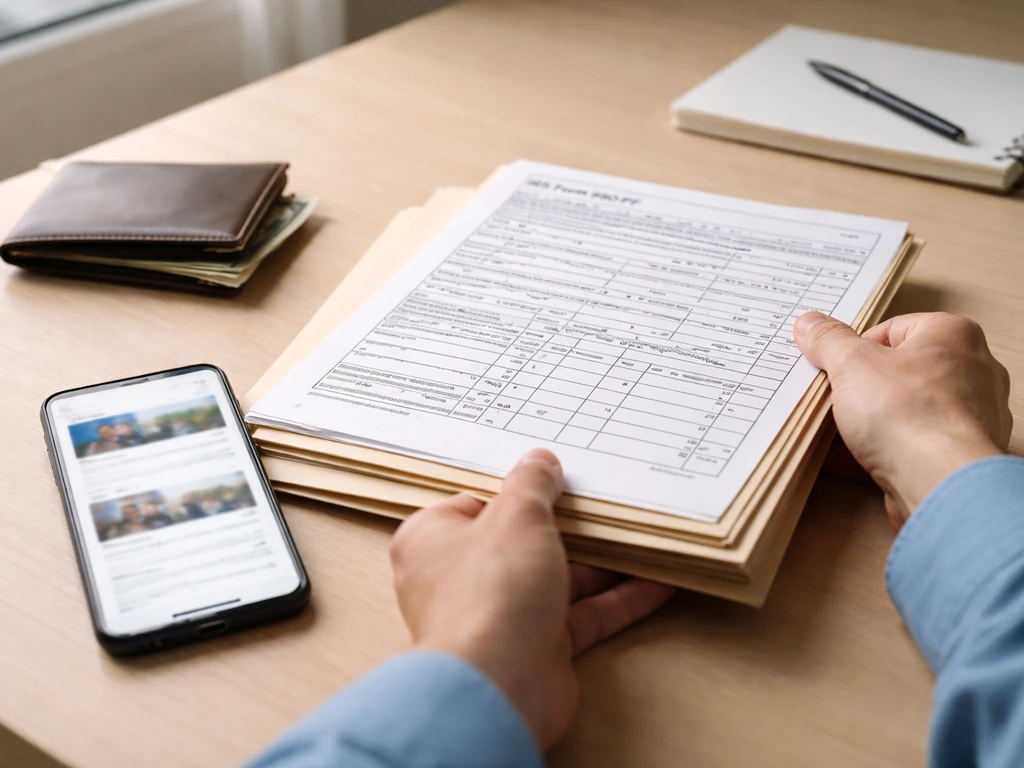 Minimal scene of stacked official-looking documents and a smartphone showing nonprofit explorer-style cards, no text.