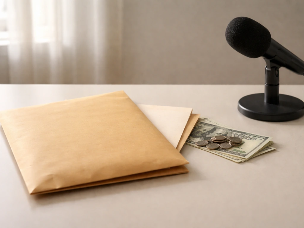 Minimal scene showing money range concept with a sealed envelope, coins, and a desk microphone in soft light.