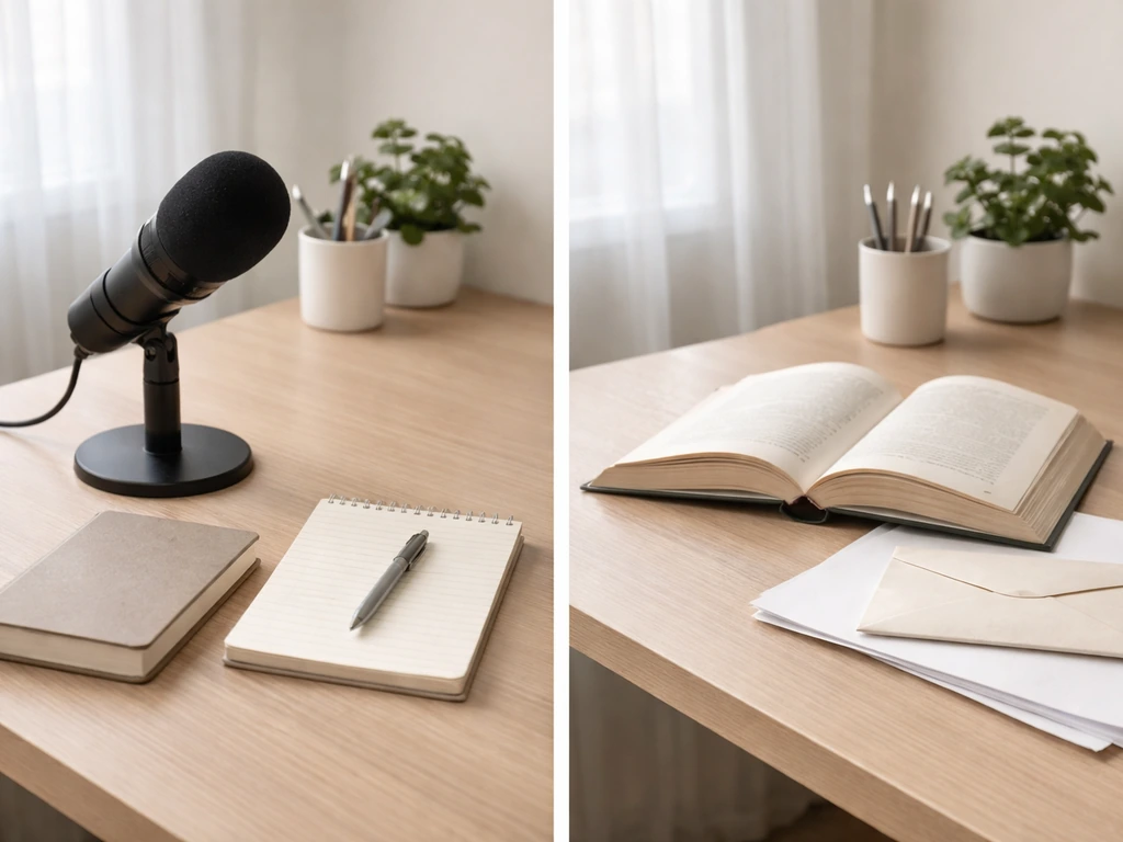Minimal desk scene with a microphone, open book, and envelope suggesting speaking and publishing income