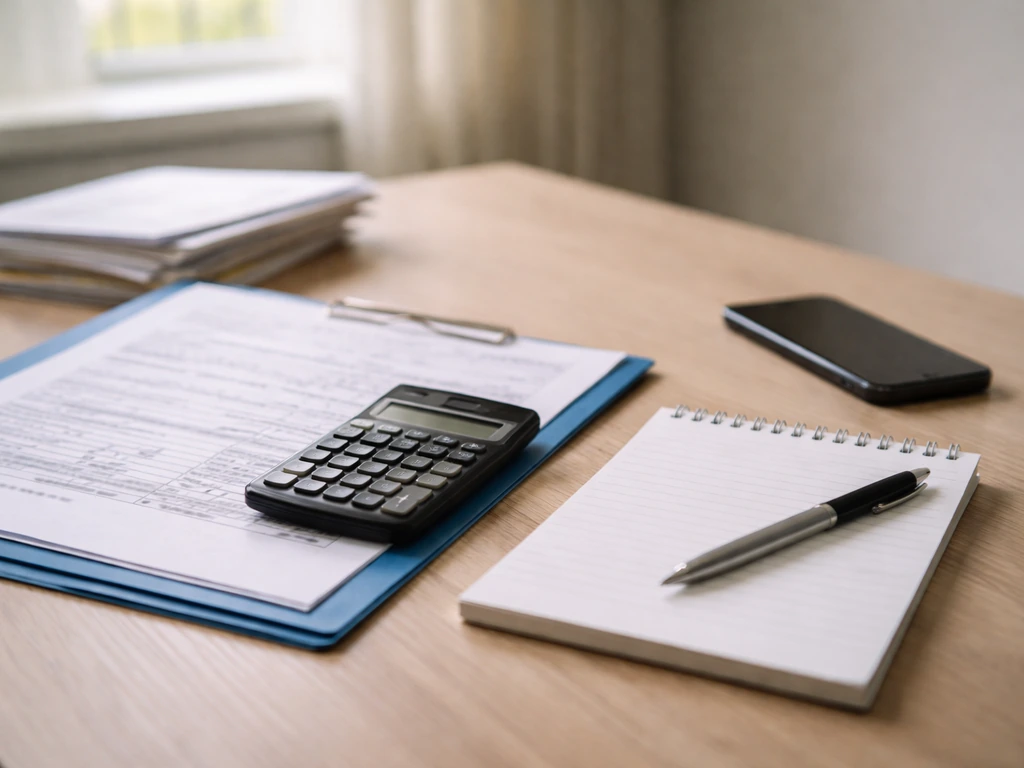 Minimal desk scene with tax documents, calculator, and calculator-like budgeting vibe in natural light.