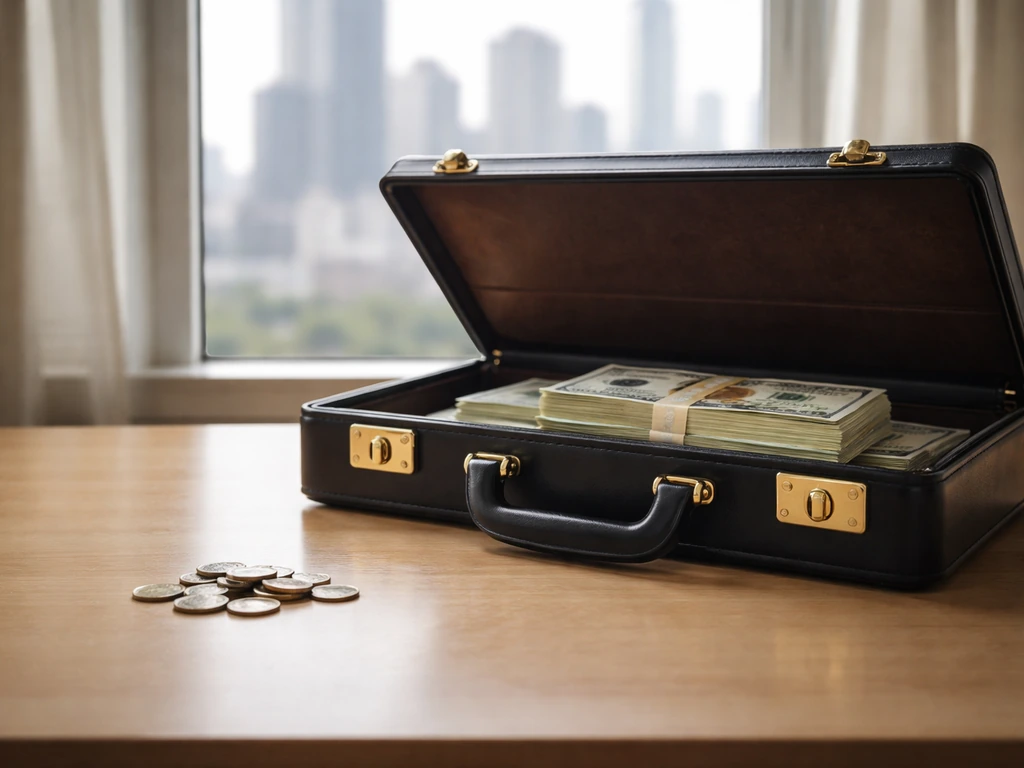 Minimal photo of a banker’s desk with a briefcase and scattered coins, symbolizing a net worth range.
