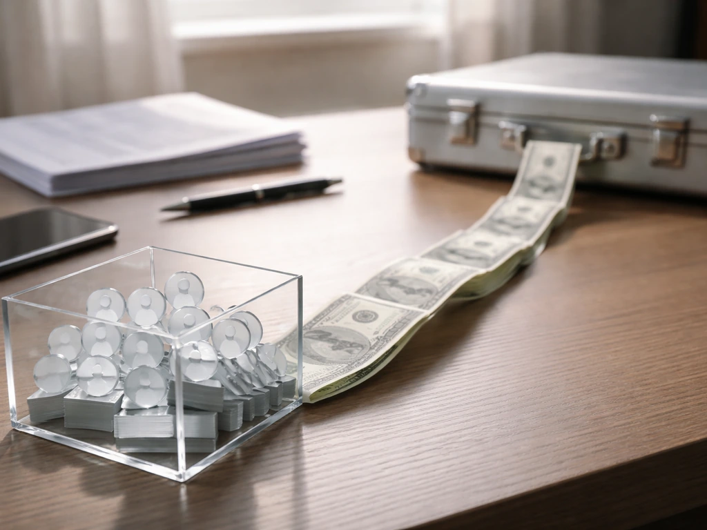 Minimal desk scene with documents, share-like tokens, and money ribbon implying equity-to-net-worth flow.