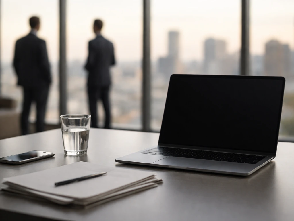 Minimal office scene with blurred business figures and finance cues, showing two possible Rob Goldstein candidates.