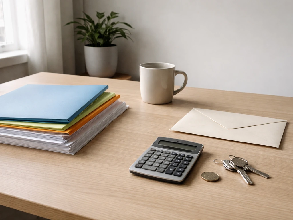 Minimal home-office desk scene suggesting assets and liabilities with documents, envelope, and calculator.